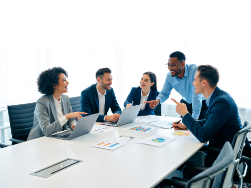 Professional team meeting in modern office environment, business discussion, blue background, bright natural light