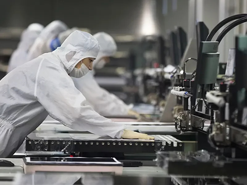 Electronic manufacturing equipment, circuit boards, precision instruments, blue background, bright natural light